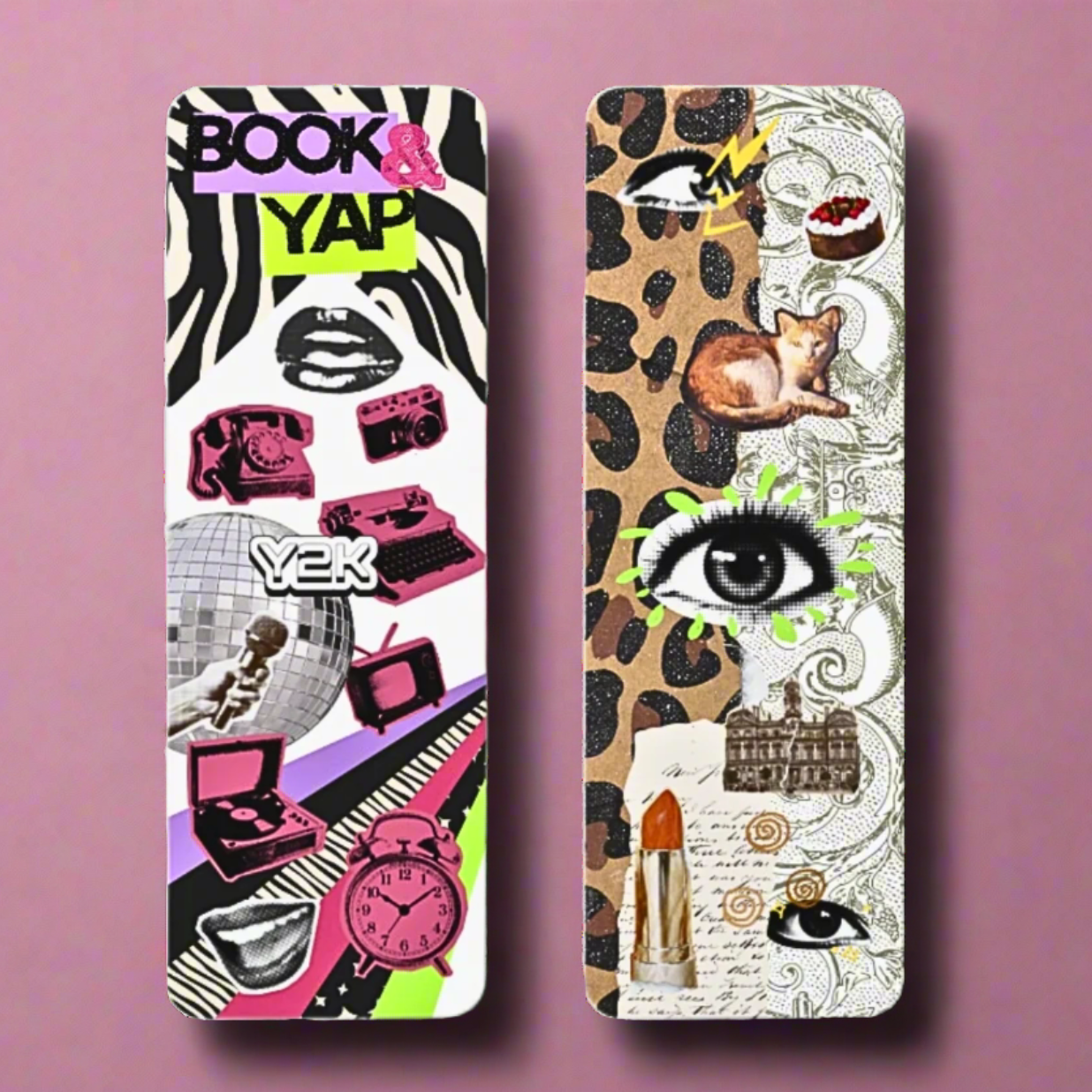 Two y2k bookmarks with colorful and patterned y2k designs including lips, cats, record players, retro clocks, grunge eyes, neon colors, and animal print on a pink background