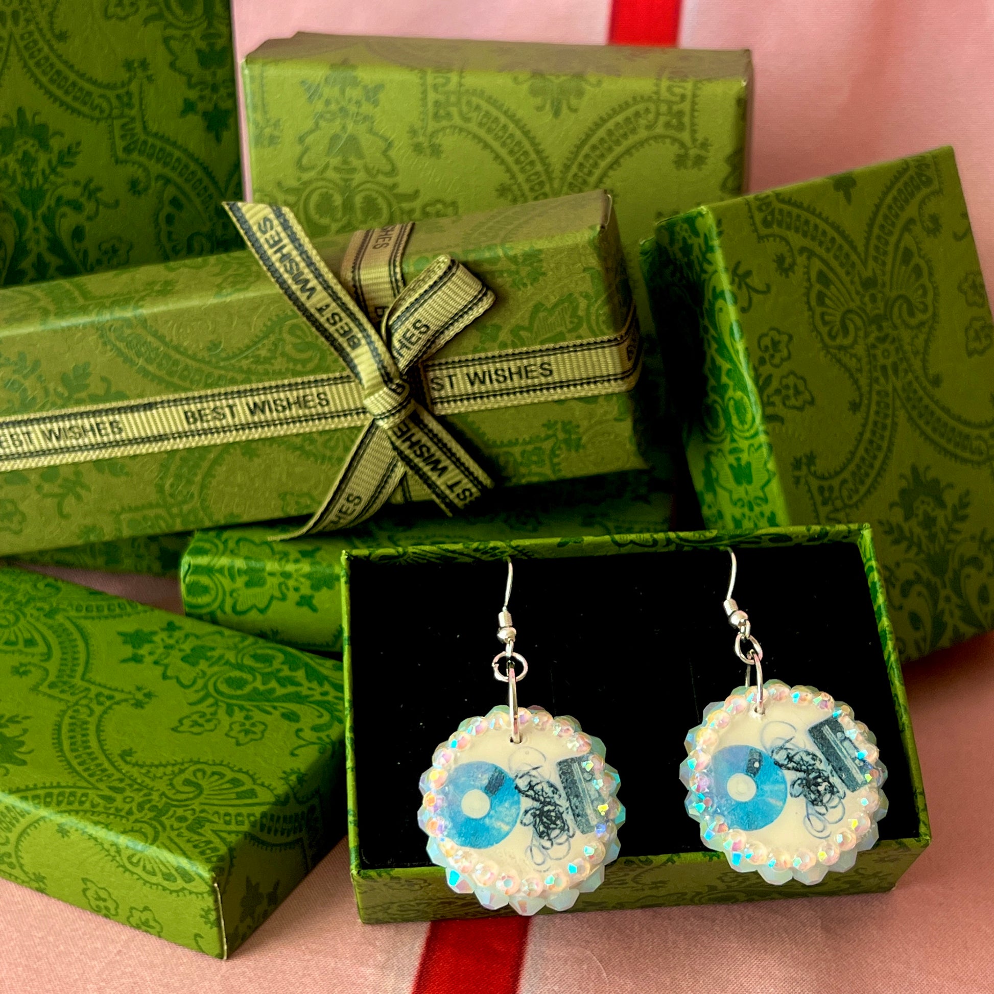 Retro CD and cassette tape earrings – handmade polymer‑clay charms bedazzled with iridescent beads, silver‑plated hypoallergenic hooks; vintage retro Y2K music charm perfect for cd earrings, cassette tape earrings, retro cd earrings, retro cassette earrings, music charm earrings, y2k earrings, vintage retro earrings, retro tech earrings, whimsigoth style.