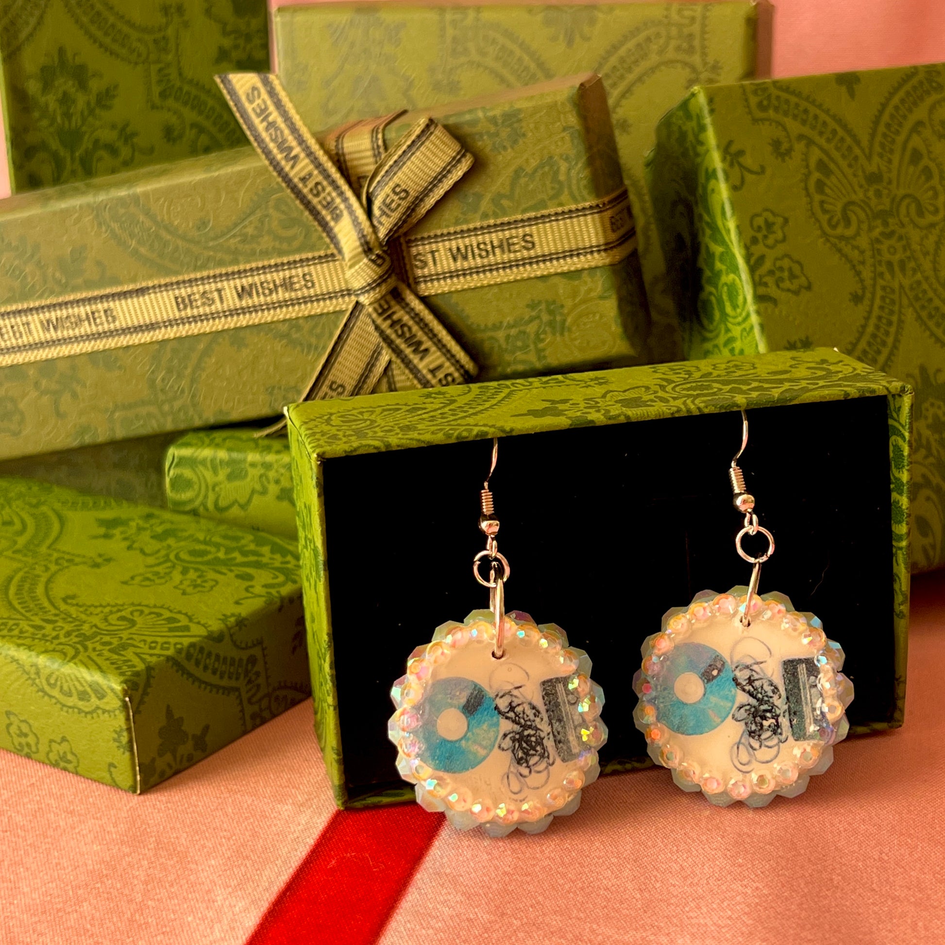 Retro CD and cassette tape earrings – handmade polymer‑clay charms bedazzled with iridescent beads, silver‑plated hypoallergenic hooks; vintage retro Y2K music charm perfect for cd earrings, cassette tape earrings, retro cd earrings, retro cassette earrings, music charm earrings, y2k earrings, vintage retro earrings, retro tech earrings, whimsigoth style.