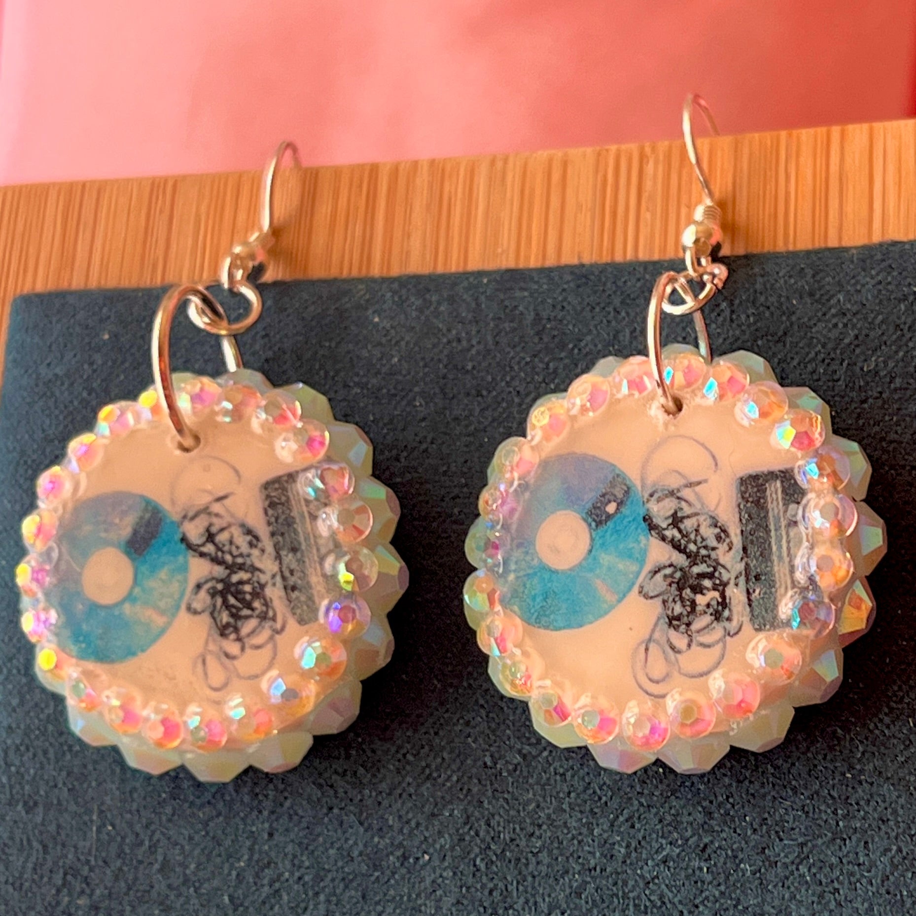 Retro CD and cassette tape earrings – handmade polymer‑clay charms bedazzled with iridescent beads, silver‑plated hypoallergenic hooks; vintage retro Y2K music charm perfect for cd earrings, cassette tape earrings, retro cd earrings, retro cassette earrings, music charm earrings, y2k earrings, vintage retro earrings, retro tech earrings, whimsigoth style.