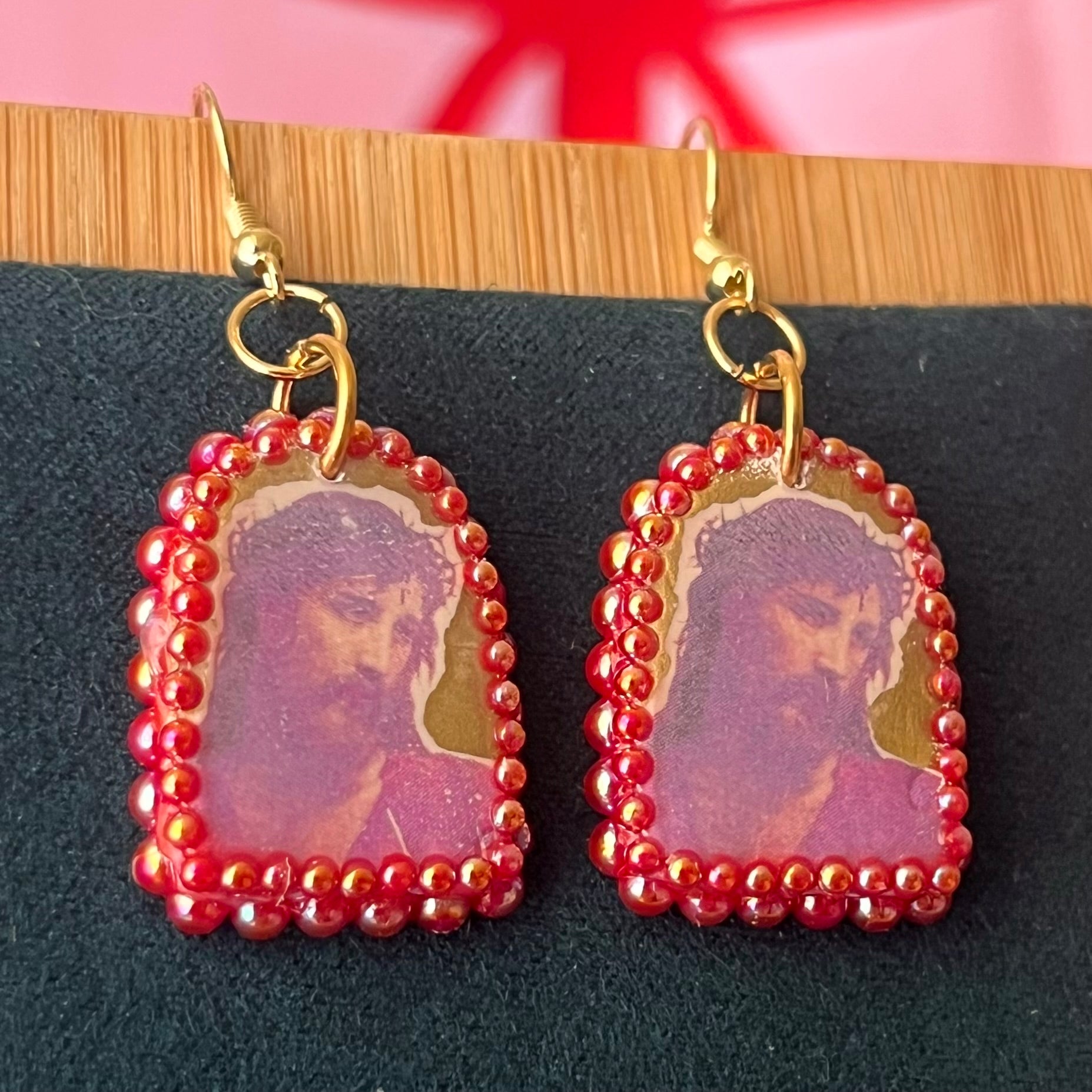 Handmade 1" polymer‑clay Yeshua (Jesus) earrings with gold aura background, iridescent pearl frame, and 18k gold‑plated findings – yeshua earrings, jesus earrings, religious art earrings, christian jewelry, sacred art jewelry, gold aura earrings, arch earrings, polymer clay earrings, image transfer earrings, pearl frame earrings, iridescent pearl earrings, 18k gold plated earrings, handmade earrings, wearable art earrings.