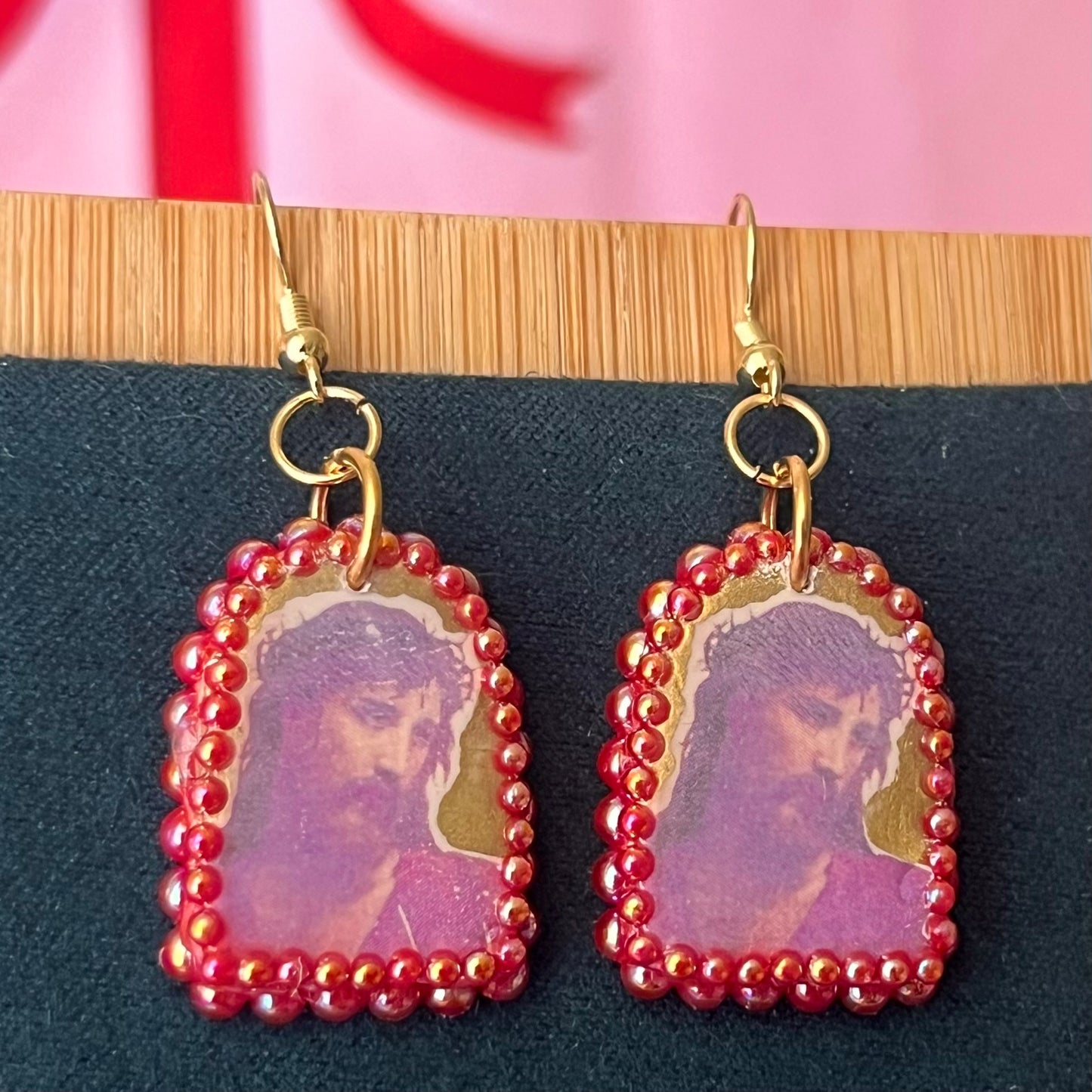 Handmade 1" polymer‑clay Yeshua (Jesus) earrings with gold aura background, iridescent pearl frame, and 18k gold‑plated findings – yeshua earrings, jesus earrings, religious art earrings, christian jewelry, sacred art jewelry, gold aura earrings, arch earrings, polymer clay earrings, image transfer earrings, pearl frame earrings, iridescent pearl earrings, 18k gold plated earrings, handmade earrings, wearable art earrings.