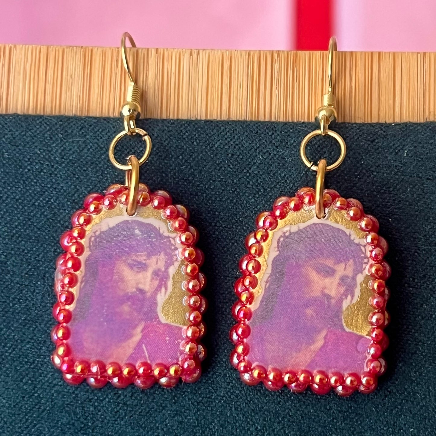 Handmade 1" polymer‑clay Yeshua (Jesus) earrings with gold aura background, iridescent pearl frame, and 18k gold‑plated findings – yeshua earrings, jesus earrings, religious art earrings, christian jewelry, sacred art jewelry, gold aura earrings, arch earrings, polymer clay earrings, image transfer earrings, pearl frame earrings, iridescent pearl earrings, 18k gold plated earrings, handmade earrings, wearable art earrings.