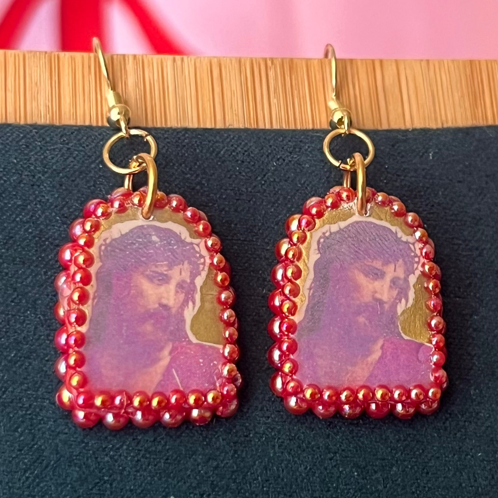 Handmade 1" polymer‑clay Yeshua (Jesus) earrings with gold aura background, iridescent pearl frame, and 18k gold‑plated findings – yeshua earrings, jesus earrings, religious art earrings, christian jewelry, sacred art jewelry, gold aura earrings, arch earrings, polymer clay earrings, image transfer earrings, pearl frame earrings, iridescent pearl earrings, 18k gold plated earrings, handmade earrings, wearable art earrings.