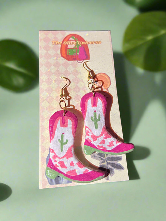 Cactus Cowprint Boots - Handmade & Hand Painted Charm Earrings - Olive Made