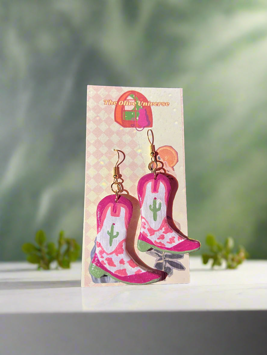 Cactus Cowprint Boots - Handmade & Hand Painted Charm Earrings - Olive Made