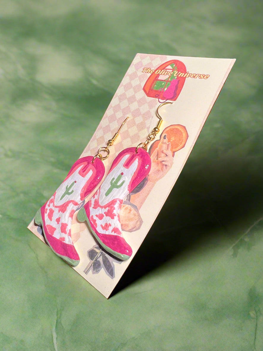 Cactus Cowprint Boots - Handmade & Hand Painted Charm Earrings - Olive Made