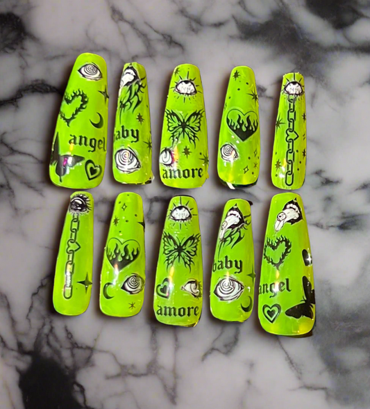 Y2k Retro Neon Punk Angels and Darkness Design Gel Nail Set - Olive Made