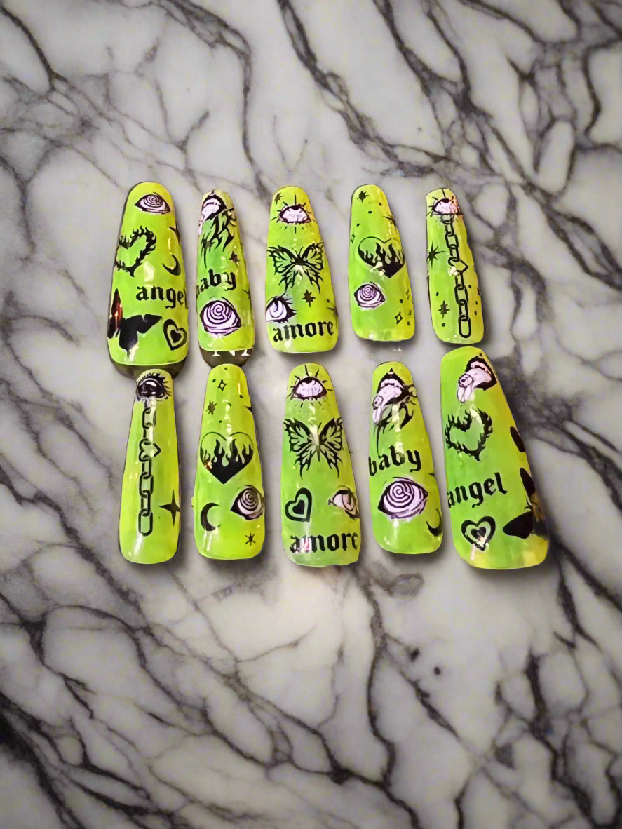 Y2k Retro Neon Punk Angels and Darkness Design Gel Nail Set - Olive Made
