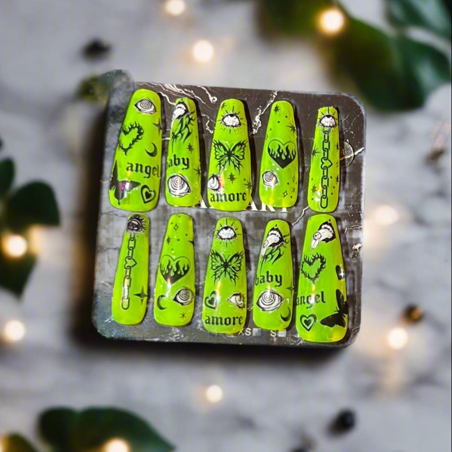 Y2k Retro Neon Punk Angels and Darkness Design Gel Nail Set - Olive Made