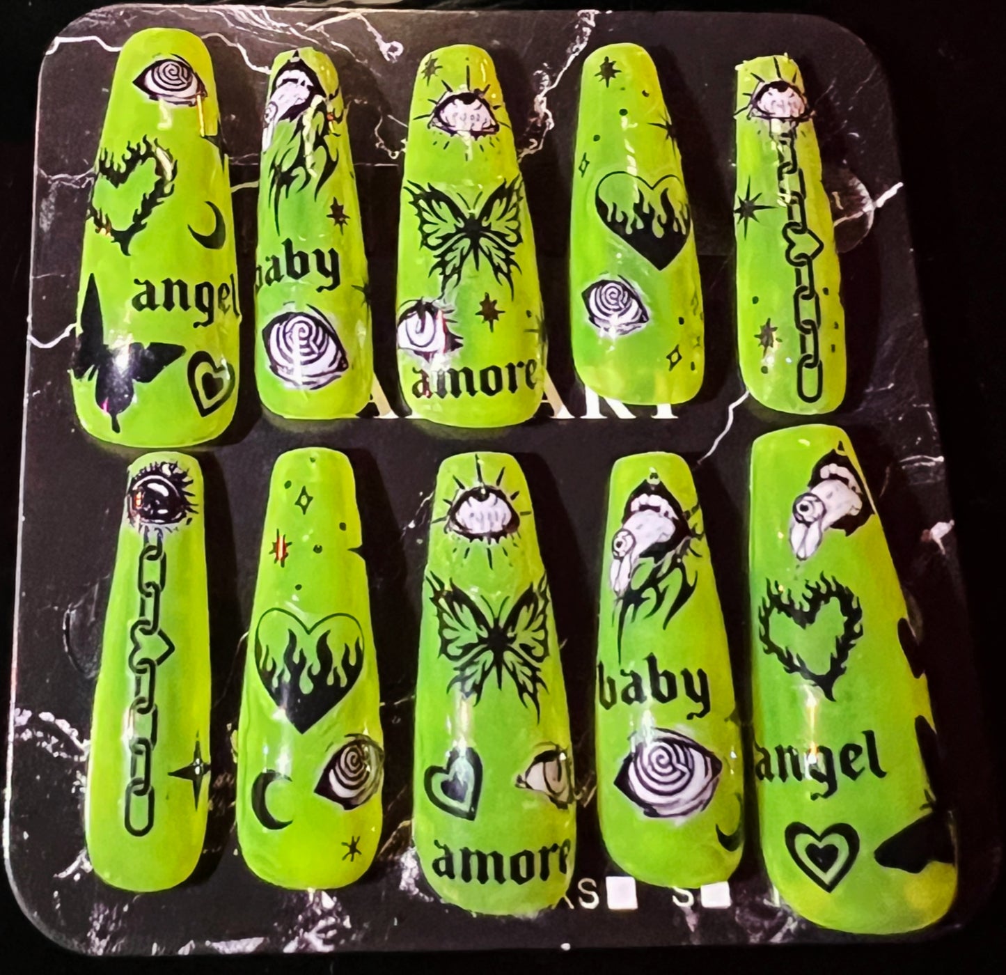 Y2k Retro Neon Punk Angels and Darkness Design Gel Nail Set - Olive Made