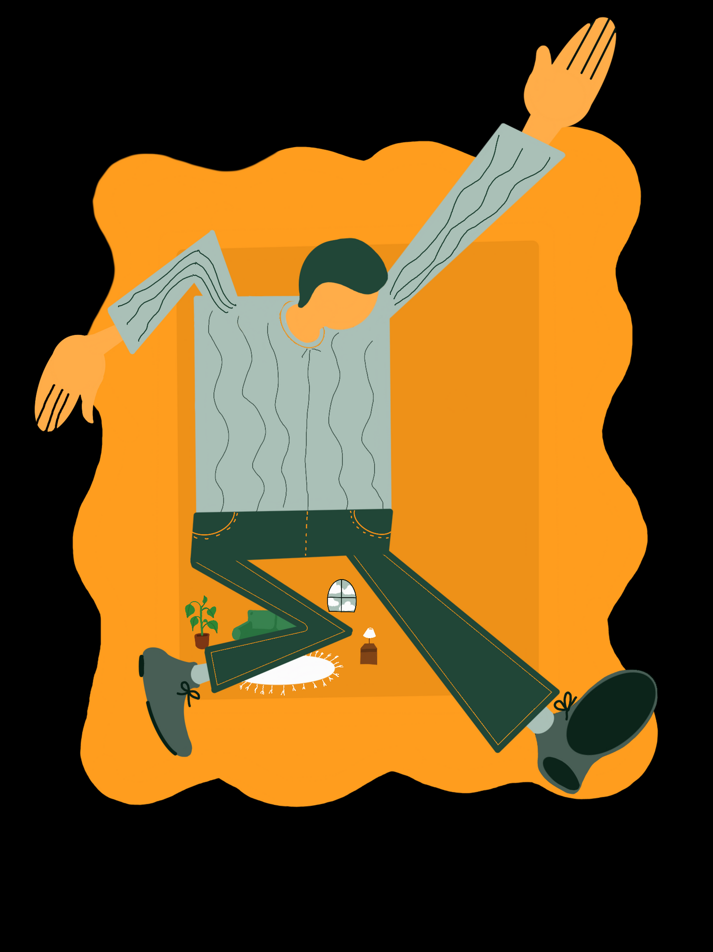 Illustration of a person sitting on an orange rug with a black background