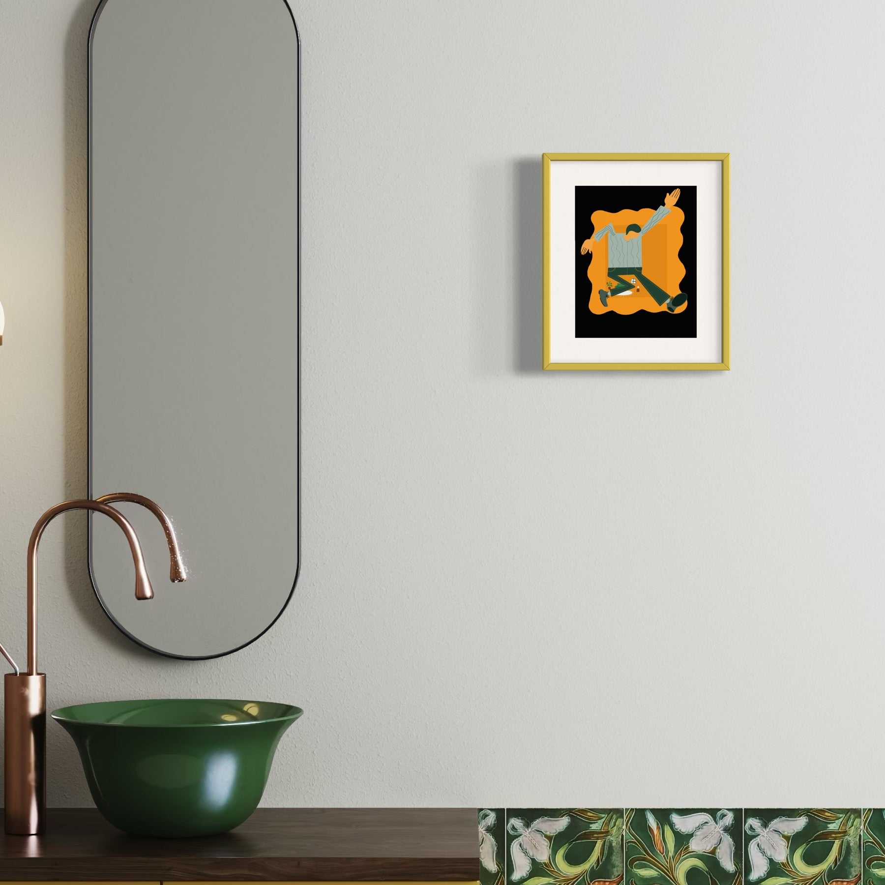 Bathroom interior with a large mirror, green sink, and framed artwork on the wall.