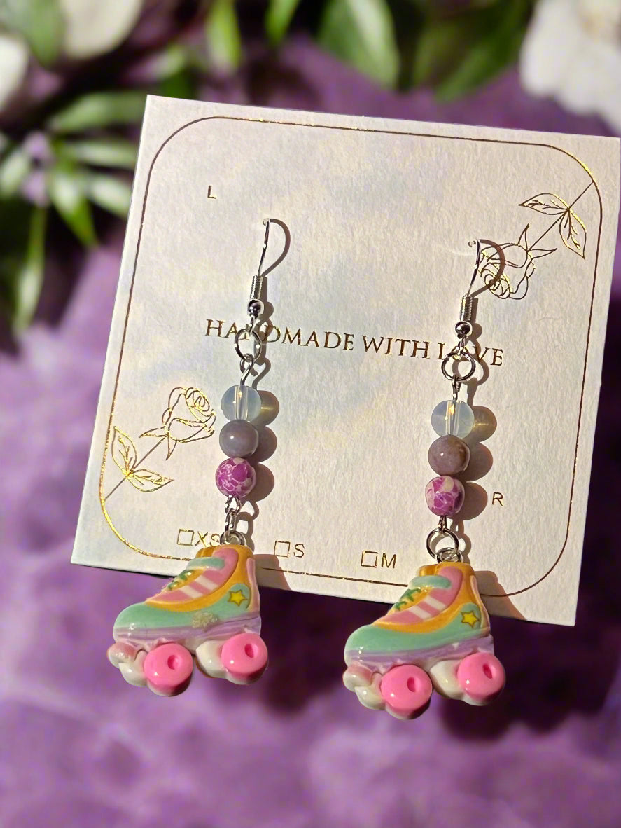Retro Rollin' Roller Skates Purple Jasper, Indian Agate, and Opal Precious Stone Handcrafted Earrings - Olive Made
