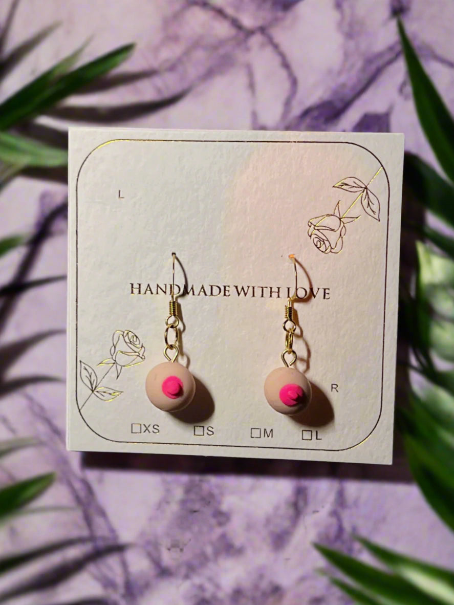 Pair of earrings on a card with 'Handmade with Love' text