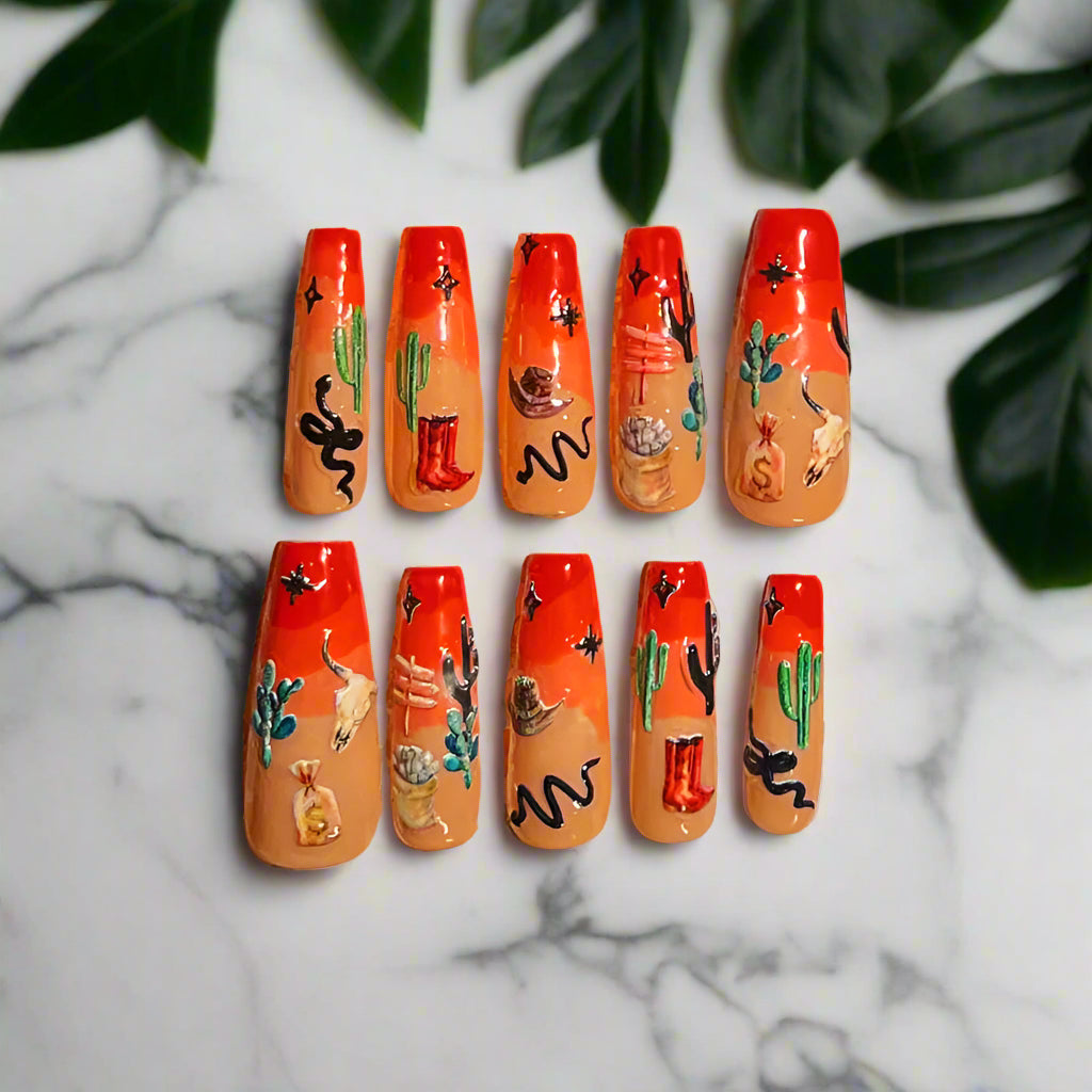 Set of painted nails on a display stand with a dark background