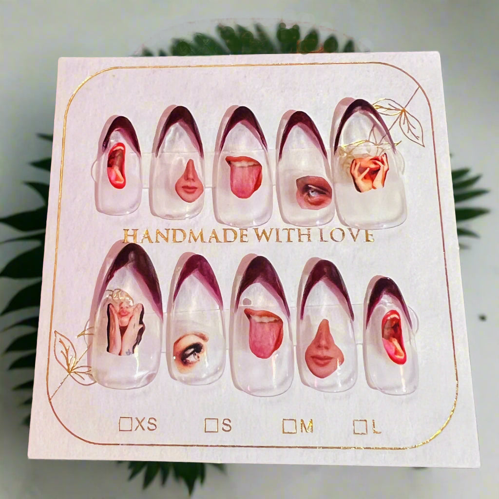 Card with nail art designs of faces and lips, labeled 'Handmade with Love'.