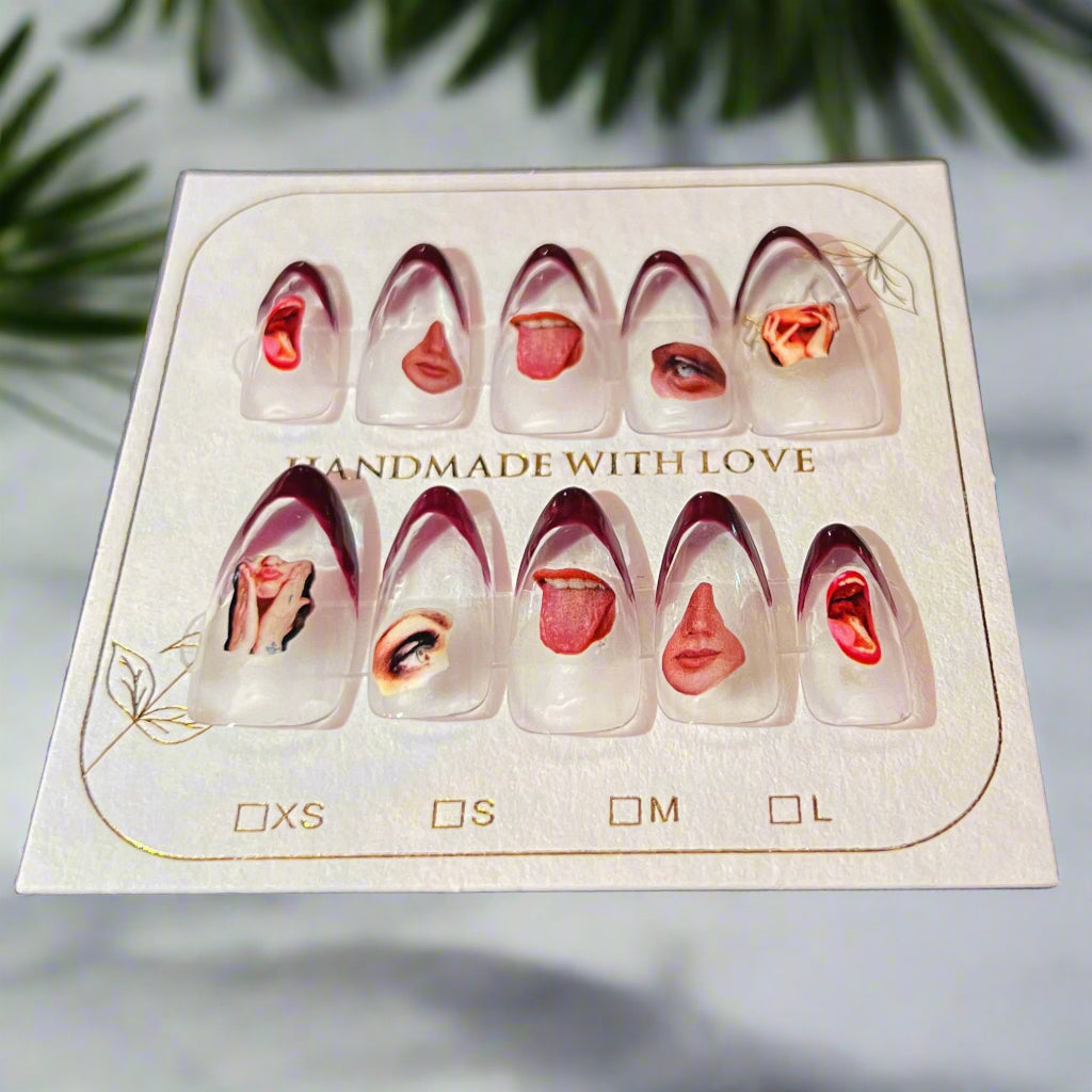 Set of handmade nail art designs in a box with 'Handmade with Love' text.