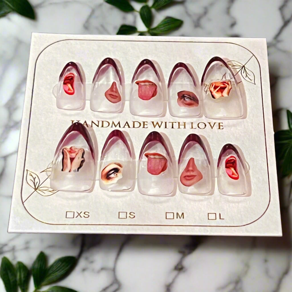 Set of handmade nail art designs on a white card with 'Handmade with Love' text.